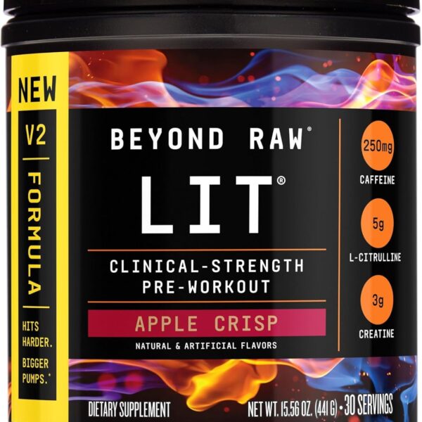 BEYOND RAW LIT V2 Clinical Strength Pre Workout Powder, Hits Harder, Bigger Pumps, Caffeine, L-Citrulline, Creatine, Apple Crisp, 30 Servings