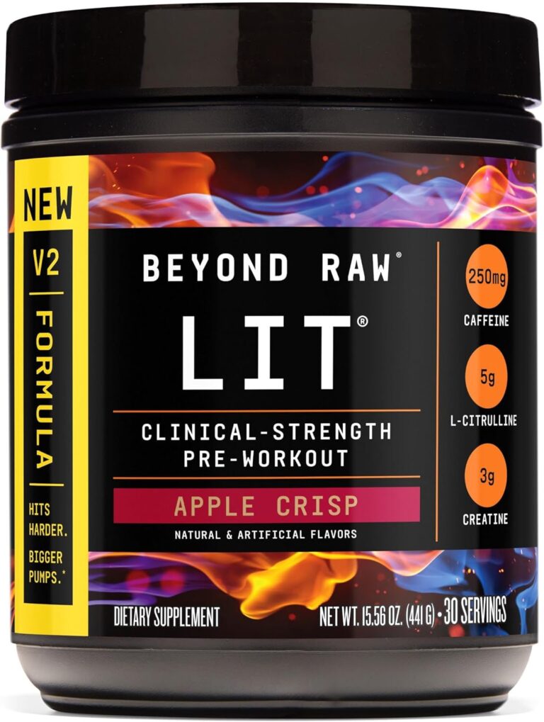 BEYOND RAW LIT V2 Clinical Strength Pre Workout Powder, Hits Harder, Bigger Pumps, Caffeine, L-Citrulline, Creatine, Apple Crisp, 30 Servings
