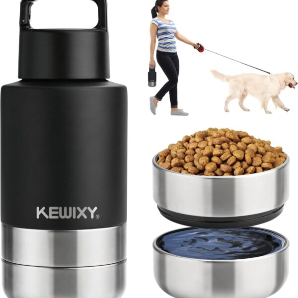 Insulated Dog Travel Water Bottle with Detachable Bowls, 3 in 1 Portable Dog Water Bottle Dispenser, Dog Accessories for Walking, Hiking, Camping, Outdoor (Black, 32 Oz)