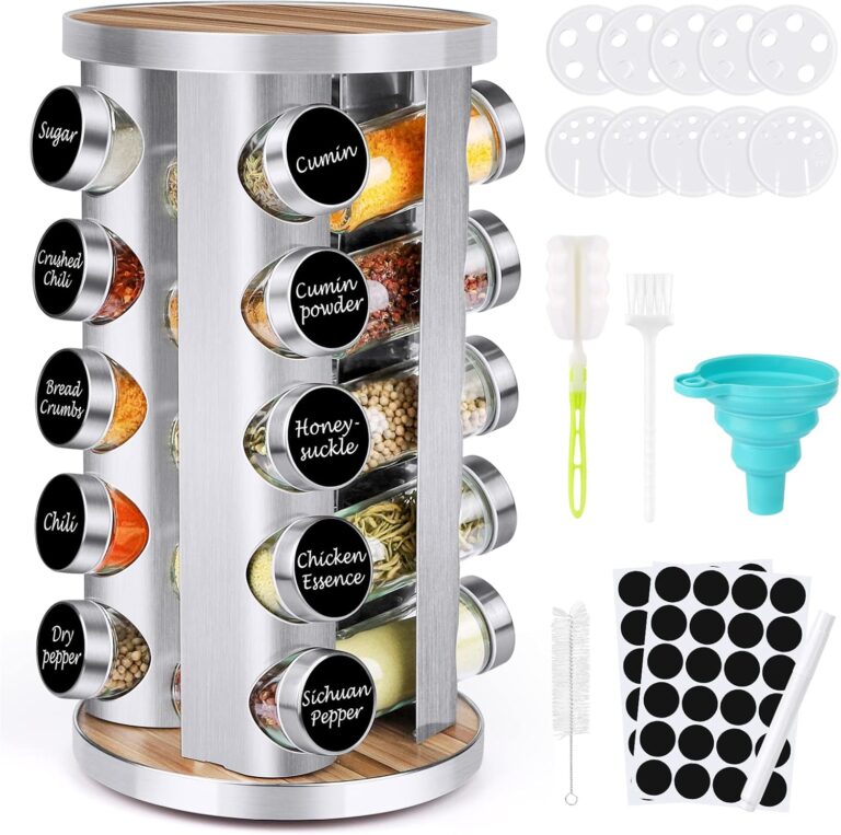 Spice Rack Organizer with Jars for Cabinet (20Pcs) Revolving/Rotating Seasoning Organizer, Stainless Steel/Wooden Countertop Rack Tower Organizer for Kitchen Pantry with Reusable Labels/Funnel/Brushes