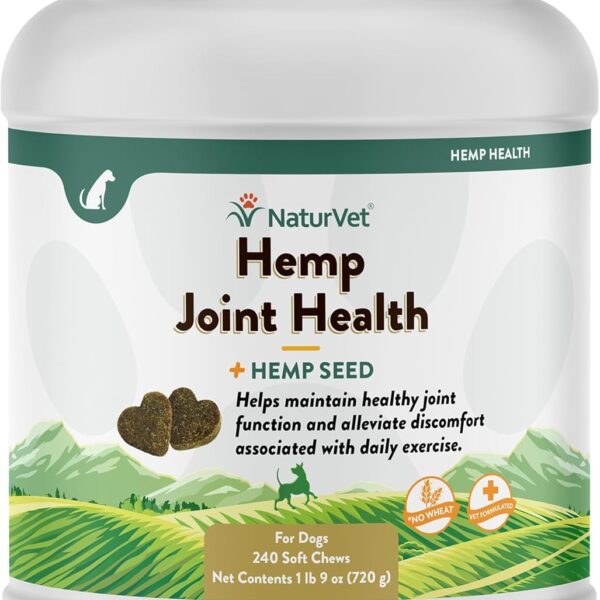 NaturVet Hemp Joint Health Hip & Joint Support Dog Supplement  Soft Chew Supplements for Dogs with Glucosamine, MSM, Chondroitin, Omega 3, Vitamins, Antioxidants  240 Ct.