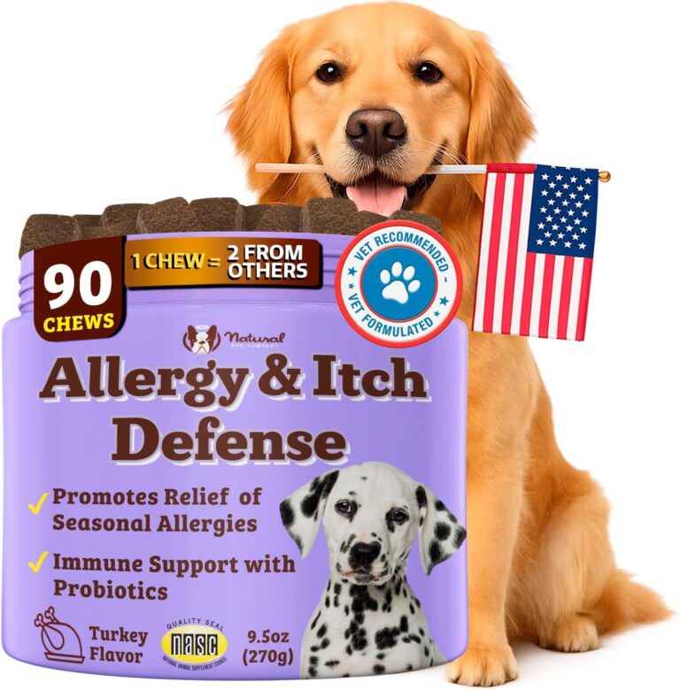 Natural Dog Company Allergy & Itch Defense Chews  Allergy Support for Dogs, Itch Relief, Skin, Coat & Gut Health with Probiotics, Colostrum & Salmon Oil, Grain-Free Dog Supplement, 90 ct