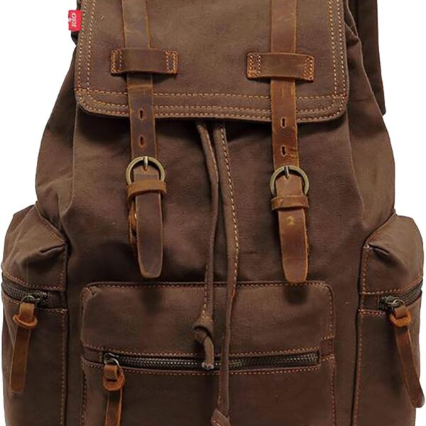 HuaChen Vintage Canvas Travel Backpack with Leather Trim, Laptop Padded Sleeve, Hidden Back Security Pocket, Fits 15-Inch, M32 Coffee Large