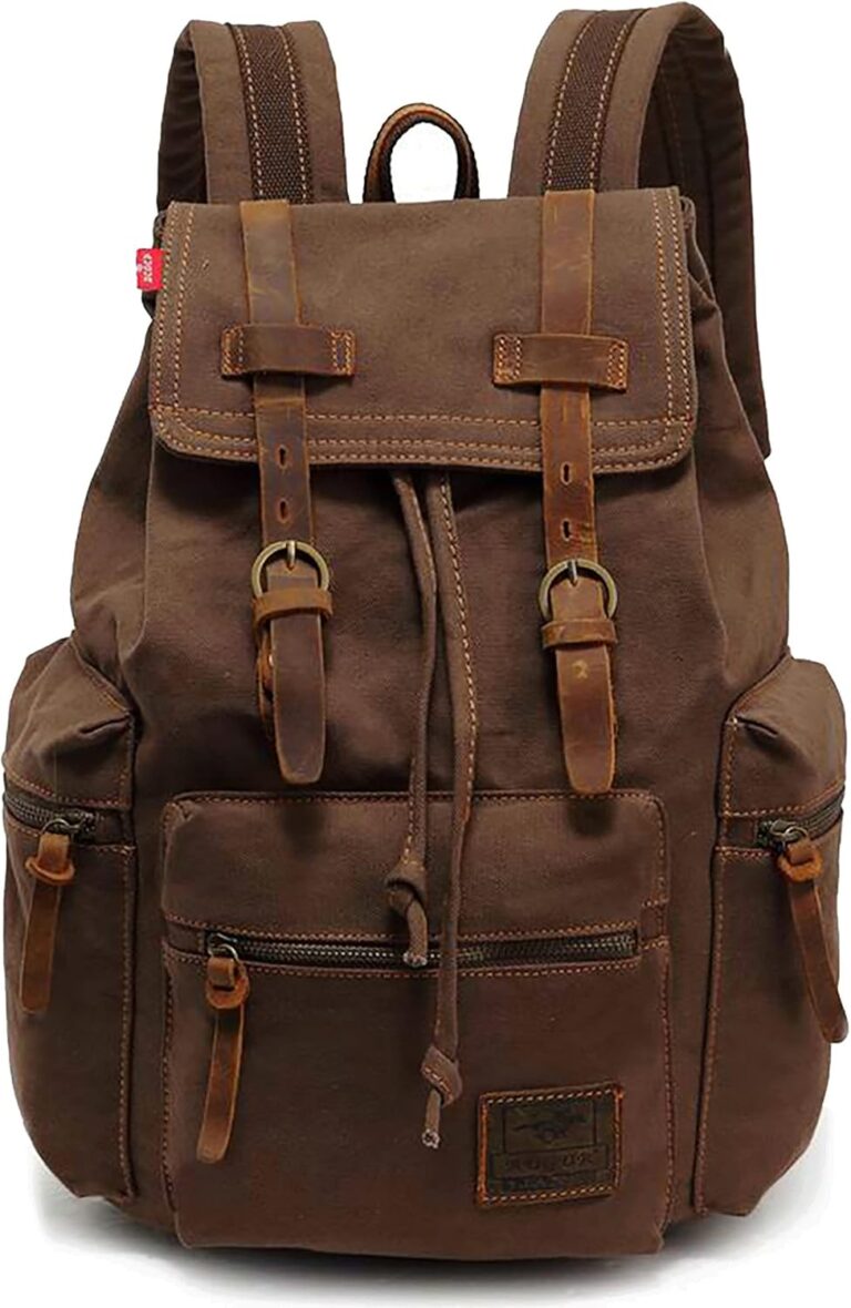HuaChen Vintage Canvas Travel Backpack with Leather Trim, Laptop Padded Sleeve, Hidden Back Security Pocket, Fits 15-Inch, M32 Coffee Large