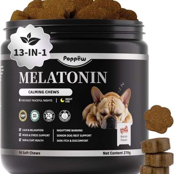 Dog Melatonin Calming Chews for Nighttime Sleep, Natural Relaxation & Stress Support for Dogs & Puppies Calming Treats, Barking, Separation, Anxiety, Fireworks, Upgraded Bacon Flavor, 90Ct