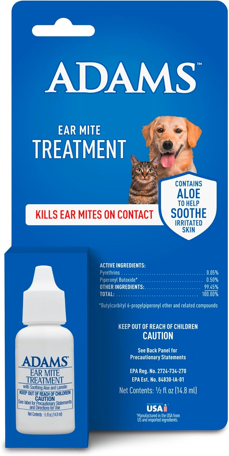 Adams Ear Mite Treatment for Dogs and Cats Over 12 Weeks, Kills Ear Mites On Contact, Relief for Dogs and Cats Suffering from Ear Mites, Soothing Aloe and Lanolin Formula, 0.5 fl oz