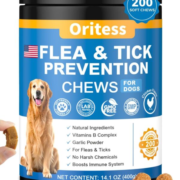 Flea and Tick Prevention for Dogs, 200 Soft Chews Natural Dog Flea and Tick Chewables Oral Flea Supplement for Dogs, Puppy Flea Support - All Breeds & Ages - Chicken Flavor