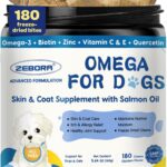 ZEBORA Salmon Oil for Dogs, Omega 3 Fish Oil for Dogs Skin and Coat with EPA & DHA, Zinc, Biotin, Quercetin, Vitamin C & E for Dog Allergy Relief, Hot Spot Treatment, Control Dog Shedding, 180 Chews