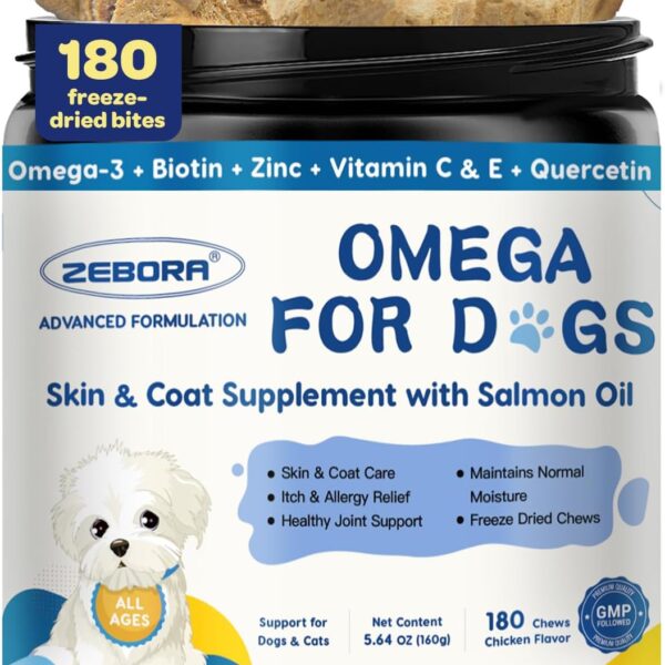 ZEBORA Salmon Oil for Dogs, Omega 3 Fish Oil for Dogs Skin and Coat with EPA & DHA, Zinc, Biotin, Quercetin, Vitamin C & E for Dog Allergy Relief, Hot Spot Treatment, Control Dog Shedding, 180 Chews
