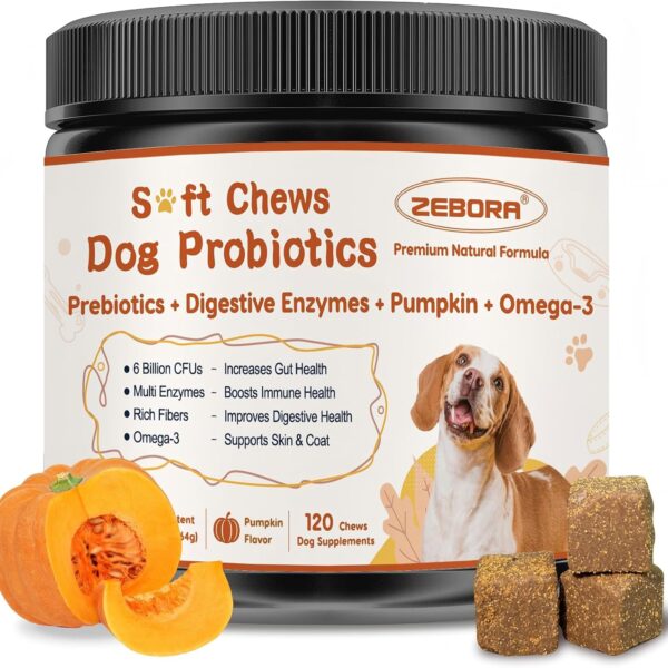 ZEBORA Probiotics for Dogs - Dog Probiotics, Pumpkin for Digestive & Gut Health, Digestive Enzymes & Prebiotic for Occasional Diarrhea, Support Immune, Skin & Allergies, 120 Soft Chews, Pumpkin Flavor