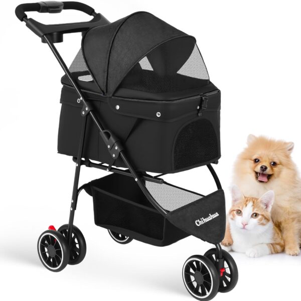 Pet Stroller,Dog Stroller for Small Medium Dogs Cats,3 Wheels,Foldable,with Breathable Mesh Canopy,Cup Holders,Easy Assembly,Black
