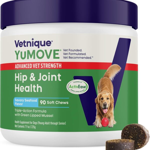 Yumove Hip & Joint Supplement for Dogs with Glucosamine, Hyaluronic Acid, Green Lipped Mussel & Omega 3 Joint Supplement - Regular or Advanced Strength (90 Count, Advanced Vet Strength Soft Chews)