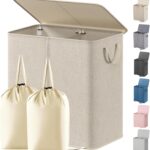 Lifewit Double Laundry Hamper with Lid and Removable Laundry Bags, Large Collapsible 2 Dividers Dirty Clothes Basket with Handles for Bedroom Laundry Room Closet Bathroom College, 136L Beige