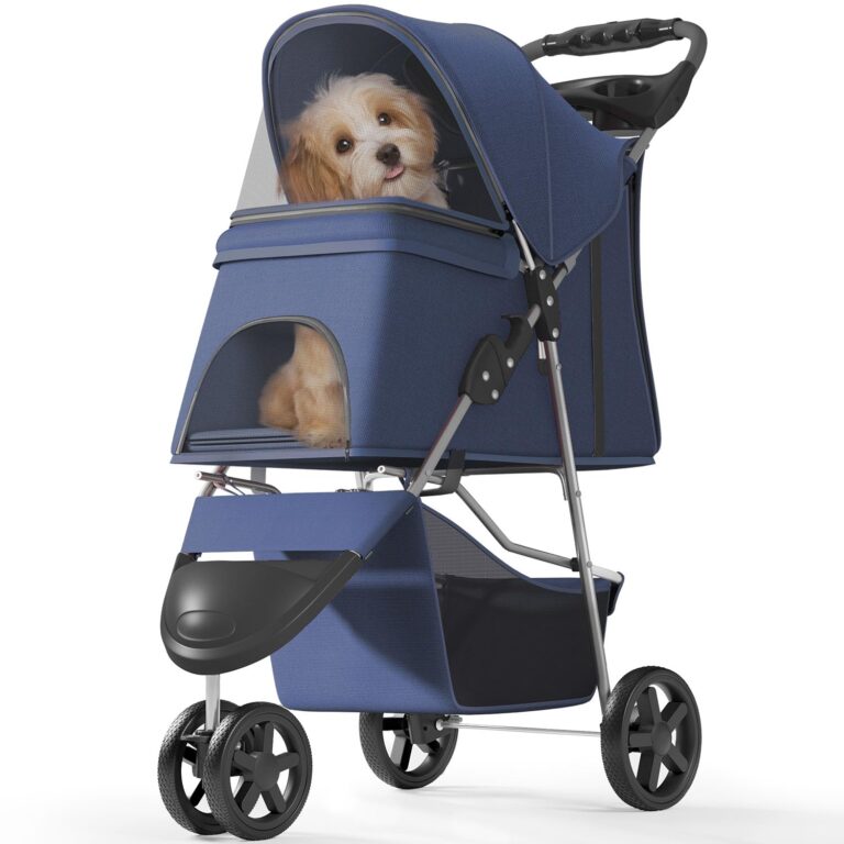 Pet Stroller with 3 Wheels for Small/Medium Pets, Portable Travel Foldable Carrier Jogger for Dog Cat Puppy Kitty, Rear Wheel Breaks, Storage Basket, Visible Mesh Weather Cover (Navy Blue)