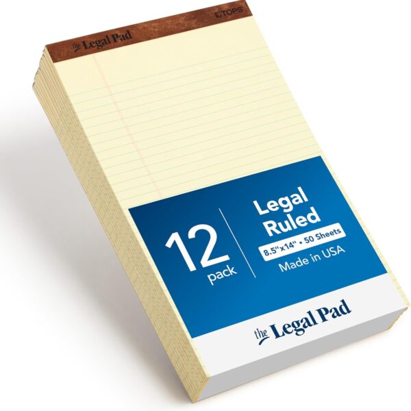 TOPS The Legal Pad Writing Pads, 8-1/2" x 14", Canary Paper, Legal Rule, 50 Sheets, 12 Pack (7572)