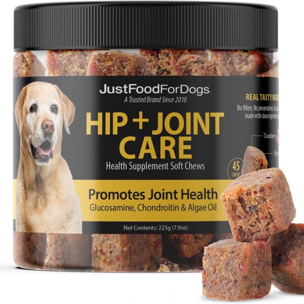 JustFoodForDogs Hip + Joint Soft Chews Mobility Supplement for Dogs with Glucosamine and Chondroitin, Superfood Blend, Human Grade, Plant-Based - 45 Count