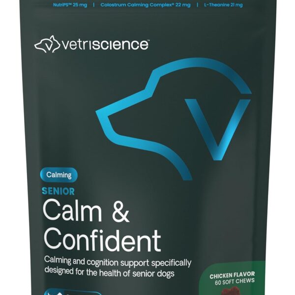 VetriScience Senior Calm & Confident Soft Chews with Colostrum and L-Theanine, Golden Years Calming, Cognition and Brain Health, Sundowners Supplement for Senior Dogs, Chicken, 60 Count