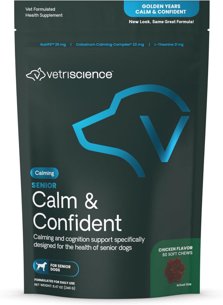VetriScience Senior Calm & Confident Soft Chews with Colostrum and L-Theanine, Golden Years Calming, Cognition and Brain Health, Sundowners Supplement for Senior Dogs, Chicken, 60 Count