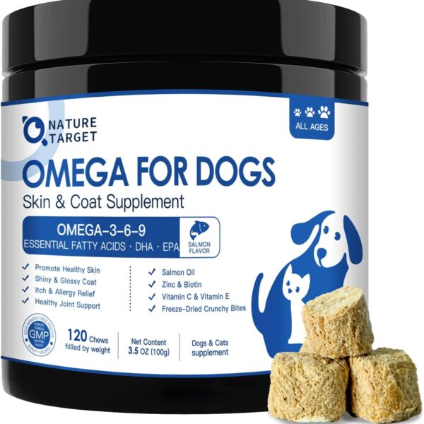 NATURE TARGET Omega 3 Fish Oil for Dogs, Salmon Oil for Skin & Coat Supplement with EPA & DHA Fatty Acids - Dog Itch & Allergy Relief, Anti Shedding, Hot Spots Treatment - Hip & Joint Support - 120ct