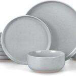LIANYU Stoneware Dinnerware Sets for 4, 12-Piece Kitchen Dinner Dish Set, Porcelain Plates and Bowls Tableware, Safe & Healthy, Dishwasher & Microwave Safe, Glacier Gray