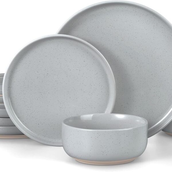 LIANYU Stoneware Dinnerware Sets for 4, 12-Piece Kitchen Dinner Dish Set, Porcelain Plates and Bowls Tableware, Safe & Healthy, Dishwasher & Microwave Safe, Glacier Gray