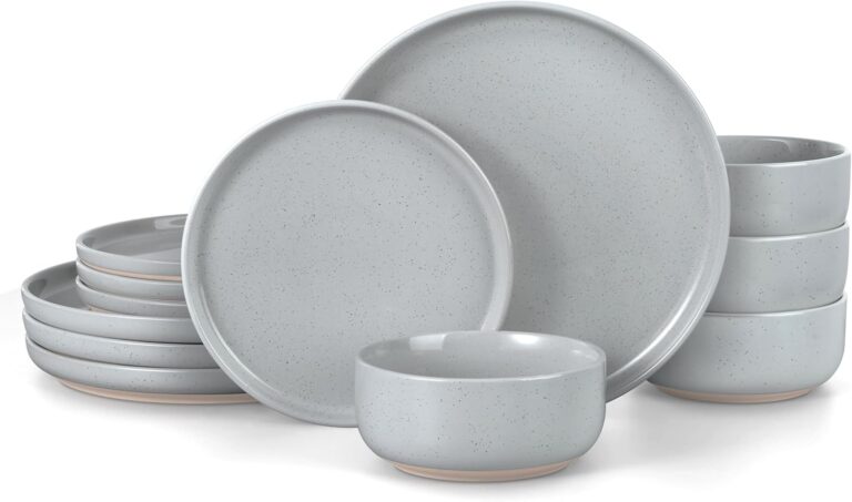 LIANYU Stoneware Dinnerware Sets for 4, 12-Piece Kitchen Dinner Dish Set, Porcelain Plates and Bowls Tableware, Safe & Healthy, Dishwasher & Microwave Safe, Glacier Gray