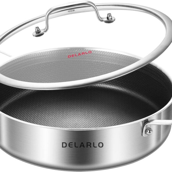 DELARLO Frying Pan,12 inch Skillet with lid,Tri-Ply Stainless Steel Saute Pan 6QT,Dishwasher-Friendly,Stay-Cool Handles,Oven-Safe Up to 660