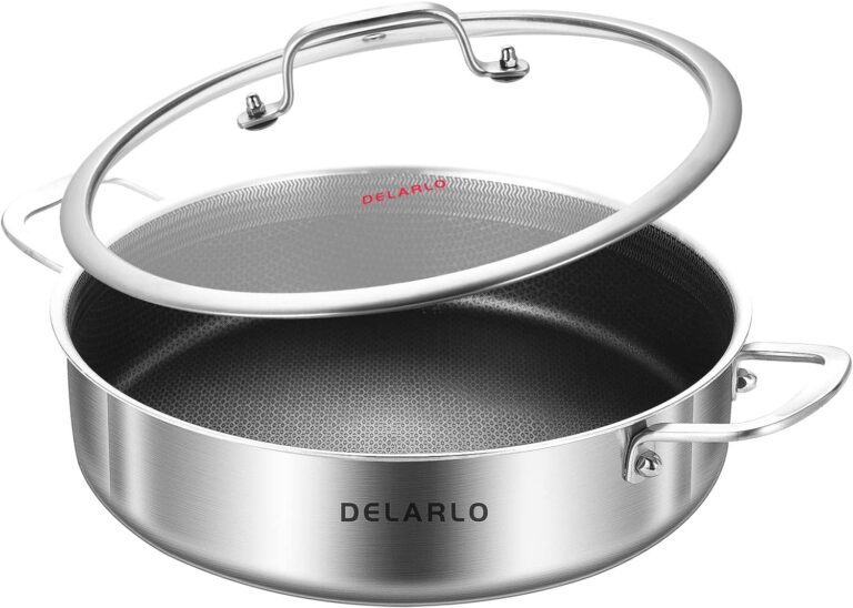 DELARLO Frying Pan,12 inch Skillet with lid,Tri-Ply Stainless Steel Saute Pan 6QT,Dishwasher-Friendly,Stay-Cool Handles,Oven-Safe Up to 660