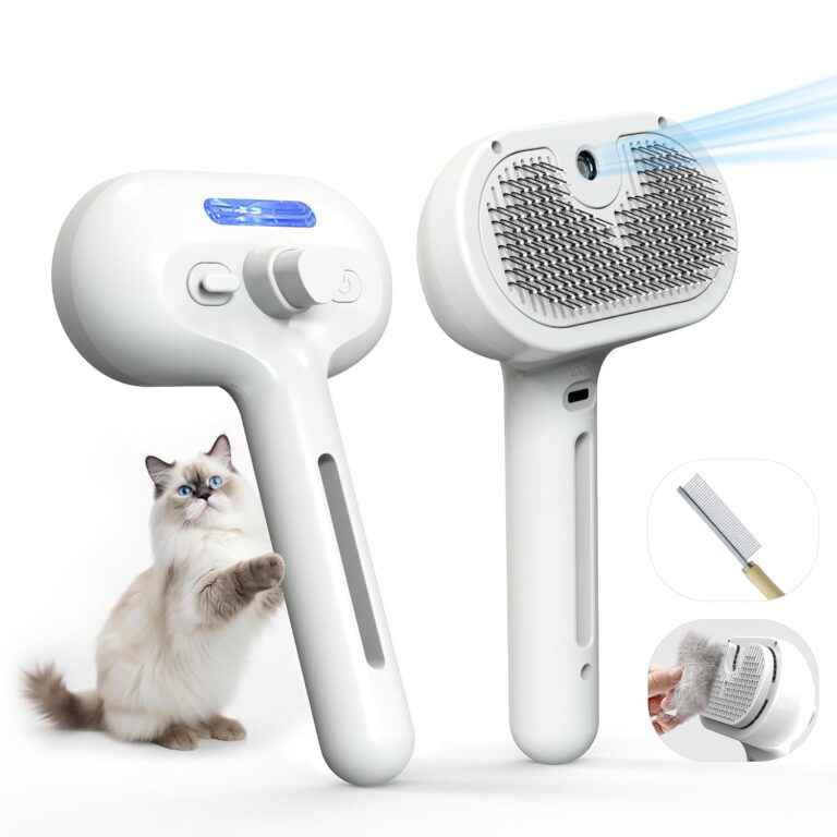 Pet Grooming Brush with Electronic Mist Spray - Gentle Deshedding Tool for Cats & Dogs, Pet Steam BrushReduces Shedding, Soft Bristles, Promotes Healthy Coat-Comes with a hair smoothing comb-White