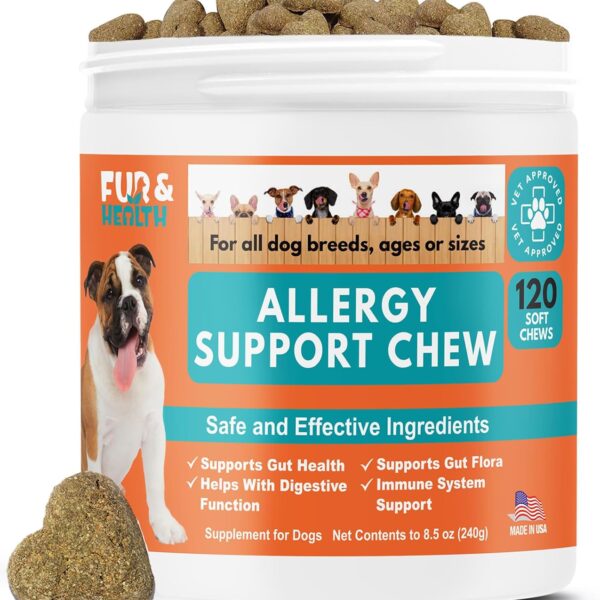 Dog Allergy Relief Chews with Probiotics, Colostrum & Omega-3 - Natural Anti-Itch Support for Seasonal & Food Allergies - Chicken Flavored Immune Supplement (120 Count)