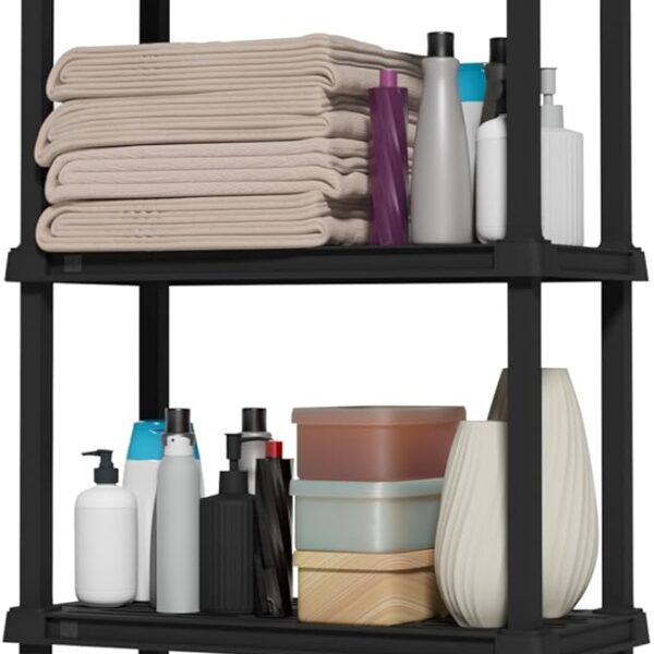 IRIS USA 4-Shelf Light Duty Plastic Storage Shelves, 200lb Capacity, 48" H x 24" W x 12" D, Medium Modular Shelving Unit Storage Organizer for Bathroom, Laundry, Garage & Home, Storage Rack - Black