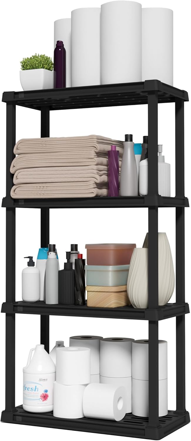 IRIS USA 4-Shelf Light Duty Plastic Storage Shelves, 200lb Capacity, 48" H x 24" W x 12" D, Medium Modular Shelving Unit Storage Organizer for Bathroom, Laundry, Garage & Home, Storage Rack - Black