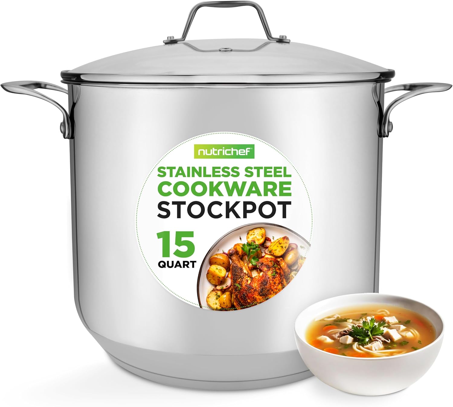 NutriChef 15-Quart Stainless Steel Stock Pot with Tempered Glass Lid - Induction Compatible Large Stockpot, Ideal for Stews & Soups, Dishwasher Safe - NCSP16 NutriChef 15-Quart Stainless Steel Stock Pot with Tempered Glass Lid - Induction Compatible Large Stockpot, Ideal for Stews & Soups, Dishwasher Safe - NCSP16