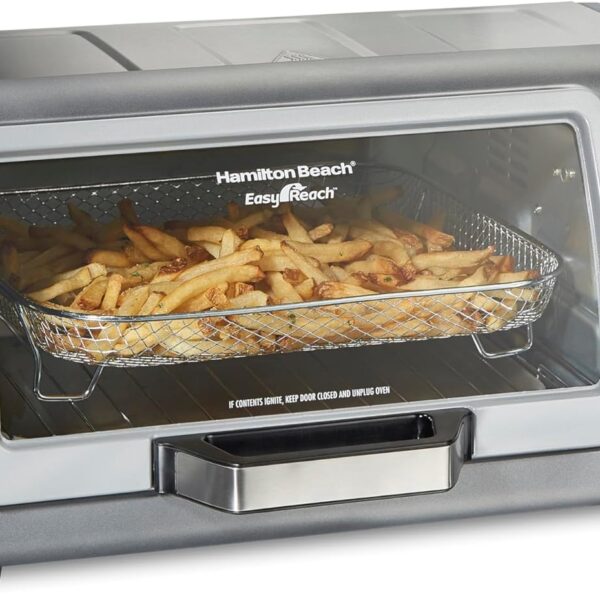 Hamilton Beach Air Fryer Toaster Oven Combo with Large Capacity, Fits 6 Slices or 12 Pizza, 4 Cooking Functions for Convection, Bake, Broil, Roll-Top Door, Easy Reach Sure-Crisp, Stainless Steel