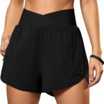 Blooming Jelly Women's Workout Shorts Athletic Running Shorts Crossover High Waisted Gym Shorts with Zipper Pockets