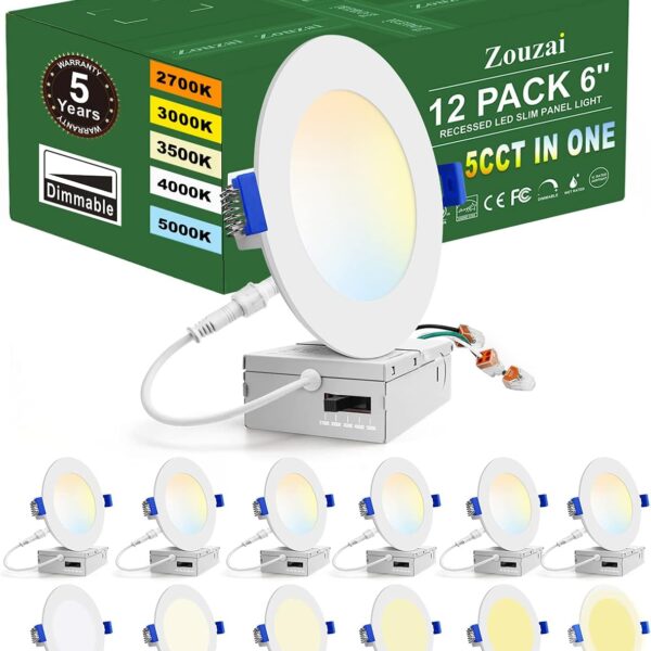 zouzai 12 Pack 6 Inch 5CCT Ultra-Thin LED Recessed Ceiling Light with Junction Box, 2700K/3000K/3500K/4000K/5000K Selectable, 12W Eqv 110W,Dimmable, led can Lights- ETL and Energy Star Certified