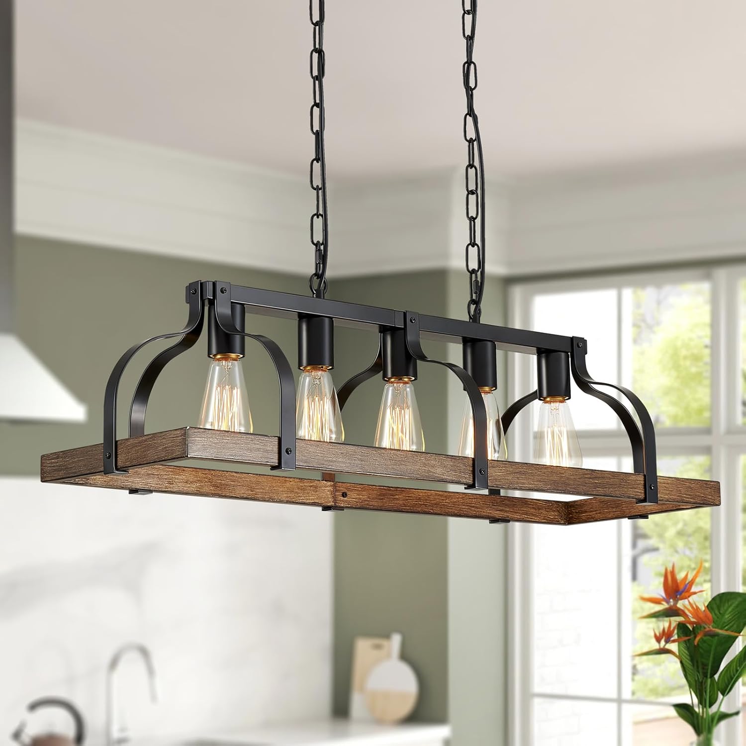 WUZUPS 5-Light Metal Chandelier Imitation Wood Grain Linear Pendant Ceiling Lighting Rustic Farmhouse Fixture Kitchen Island Dining Room, H 8.5" L 31.5" W10, E26 Base, Black & Retro Wood WUZUPS 5-Light Metal Chandelier Imitation Wood Grain Linear Pendant Ceiling Lighting Rustic Farmhouse Fixture Kitchen Island Dining Room, H 8.5" L 31.5" W10, E26 Base, Black & Retro Wood