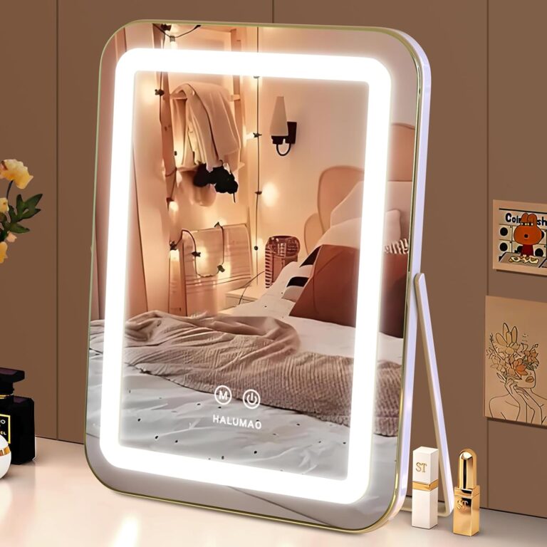 Vanity Mirror with Lights, 14.5" Light Up Makeup Mirror, LED Makeup Mirror with Lights for Bedroom Tabletop, Smart Touch Control 3 Colors Dimmable, 360 Rotation