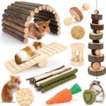Hamster Cage Accessories, 12 Different Chew Toys for Guinea Pig, Chinchillas, Gerbils, Mice, Rats, Mouse, Rabbit, Bunny Hideout Seesaw, Natural Molar Tools
