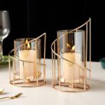 MrMrKura Metal Wire Candle Holder Set of 2, Glass Pillar Candle Holders Gold Decorative Tea Light Candleholders for Home Decor Table Decorations Centerpiece