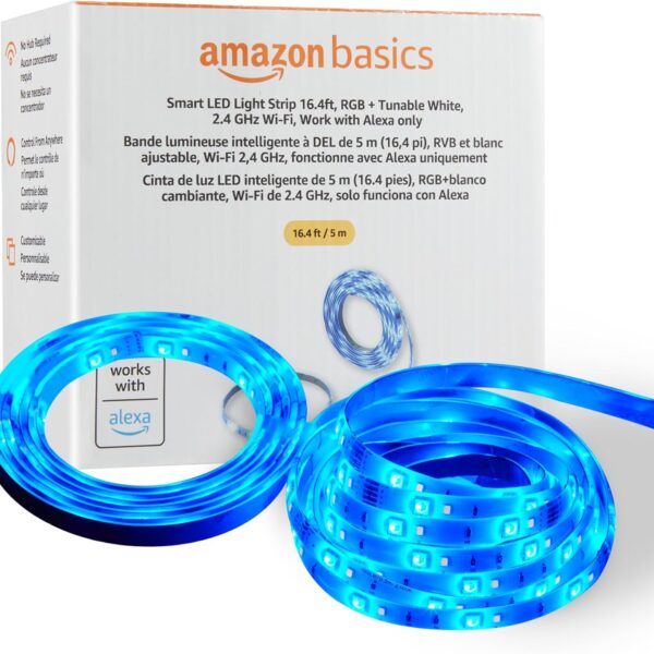 Amazon Basics Smart LED Light Strip, 16.4 Feet, RGB + Tunable White, Works with Alexa Only, 2.4 GHz Wi-Fi, No Hub Required
