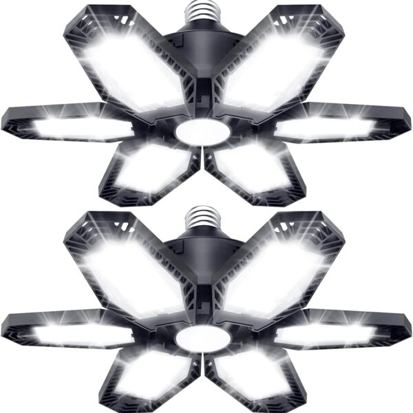 TANBABY 2 Pack LED Garage Lights, 150W Deformable Garage Light Bulb, Total 30000LM 6500K Daylight, 6+1 Adjustable Panels, E26/E27 Screw-in Ceiling Light for Basement, Valentines Day Gift for Men