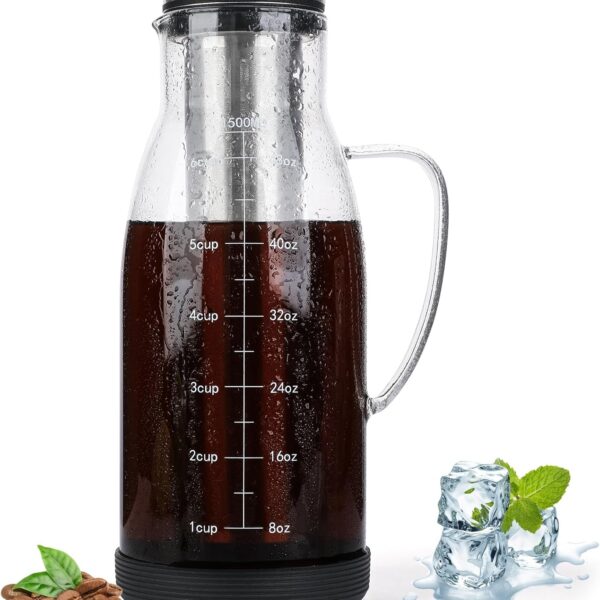 Airtight Cold Brew Coffee Maker Pitcher 51oz, Glass Iced Coffee Maker Pitcher with Removable Stainless Steel Filter and Non-Slip Base, 1.5L Iced Tea Maker