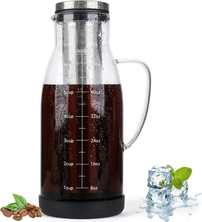 Airtight Cold Brew Coffee Maker Pitcher 51oz, Glass Iced Coffee Maker Pitcher with Removable Stainless Steel Filter and Non-Slip Base, 1.5L Iced Tea Maker