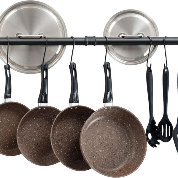 OROPY 38 inch Pot Bar Rack Wall Mounted Detachable Pans Hanging Rail Kitchen Lids Utensils Hanger with 14 S Hooks Black