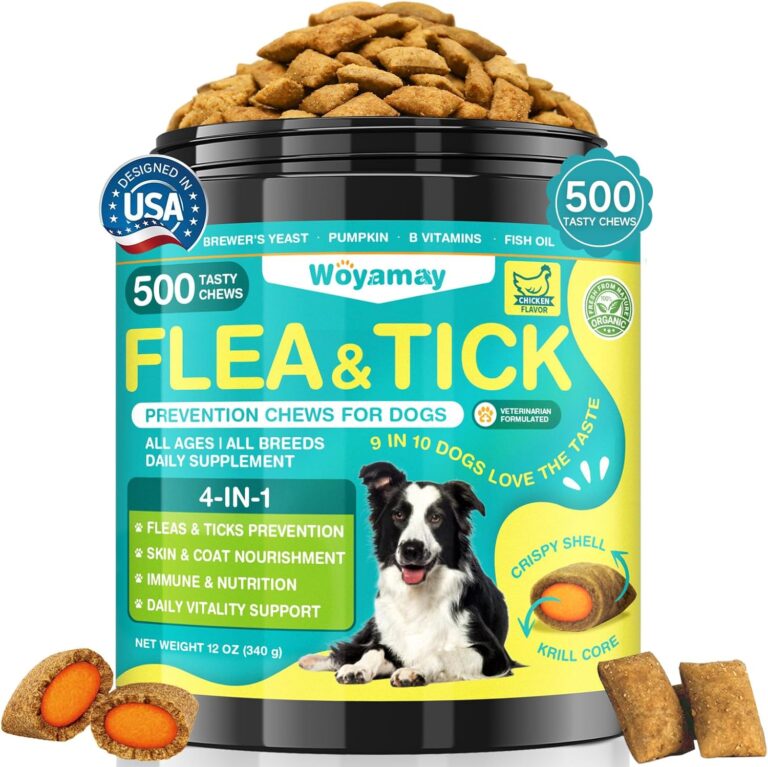 4-IN-1 Flea and Tick Prevention for Dogs, 500 Crunchy Dog Flea Chews, Dog Flea Treatment, Natural Oral Flea Treatment for Dogs, Daily Support for Flea, Skin & Coat, Gut, Immune, Chicken Flavor