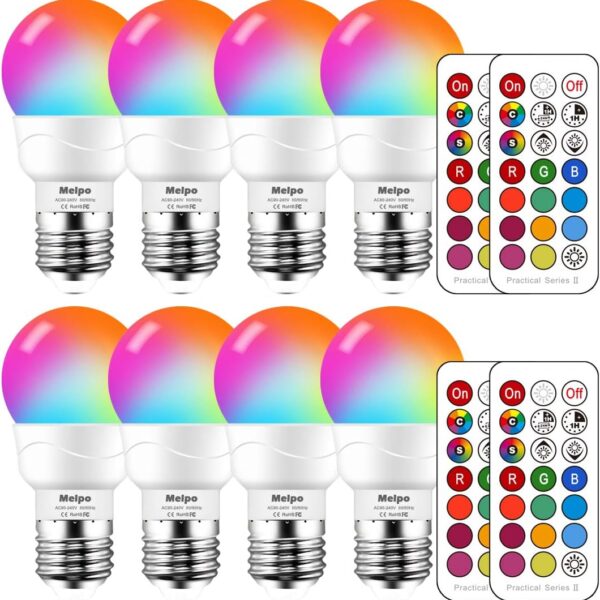 MELPO LED Color Changing Light Bulb with Remote Control, 5W 40W Equivalent, 500LM, 5700K,E26 Dimmable RGB Light Bulbs for Birthday Party/KTV Decoration/Household/Bar/Wedding (Pack of 8)