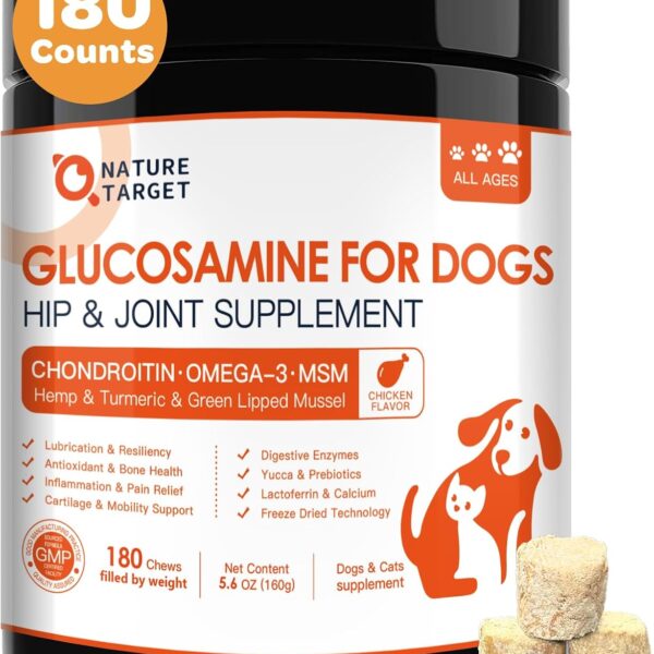NATURE TARGET Glucosamine for Dogs - Hip and Joint Supplement for Dogs, 180 Crunchy Chews, Glucosamine Chondroitin, Omega-3, MSM, Turmeric for Pain Relief, Dog Joint Supplement Large & Small Breed