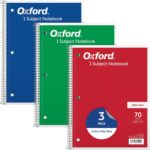 Oxford 1-Subject Notebooks, School Journal, 8 x 10-1/2 Inch, Wide Rule Paper, 70 Sheets, 3-Hole Punch, 3 Pack, Red, Blue, Green, Color Assortment May Vary (65029)