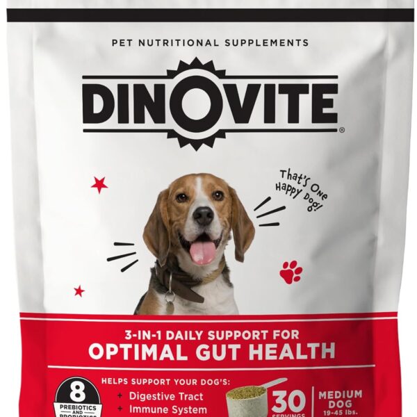 Dinovite 3 in 1 Probiotic for Medium Dogs, Skin & Coat, Digestive Health & Joint Relief, Dog Food Toppers, Immune Support, Allergy Relief & Itch Relief Skin Care, 30 Servings (18-45lb)